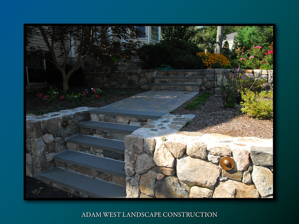 Rounded NE walls, bluestone, tumbled pavers